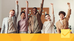 A group of people cheering for an open access publishing banner.