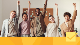 A group of people cheering for an open access publishing banner.